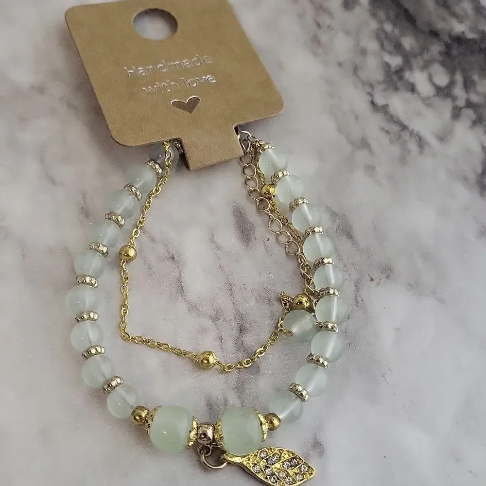 Double-Layer Green Jade Beaded Bracelet with Sparkling Golden Leaf Charm